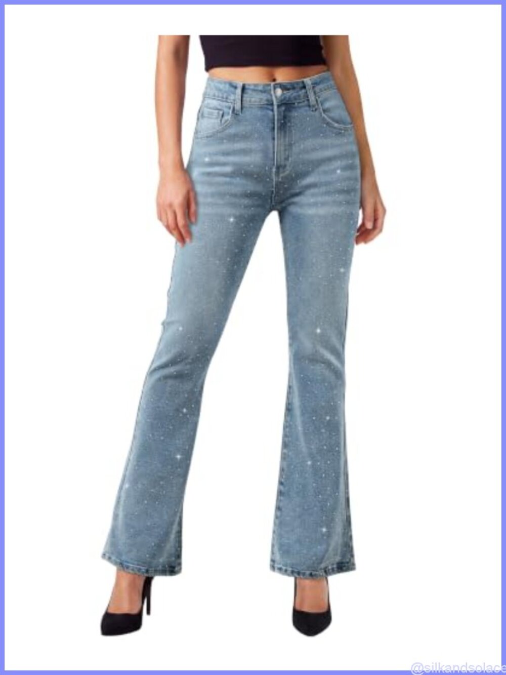 High Rise Flare Jeans Rhinestone Stretchy Denim Cropped Bootcut Women's